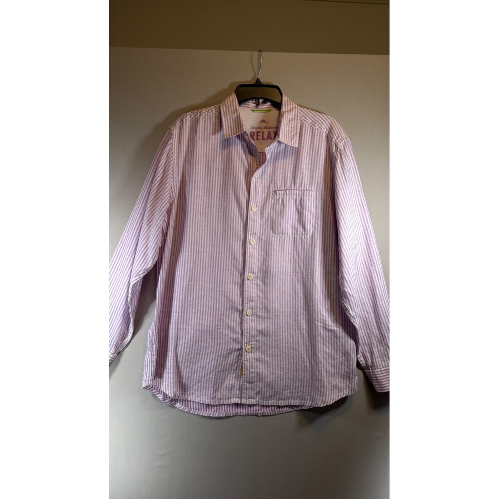 Tommy Bahama Relax Mens Purple White Striped 100% Linen Button Up Shirt Medium